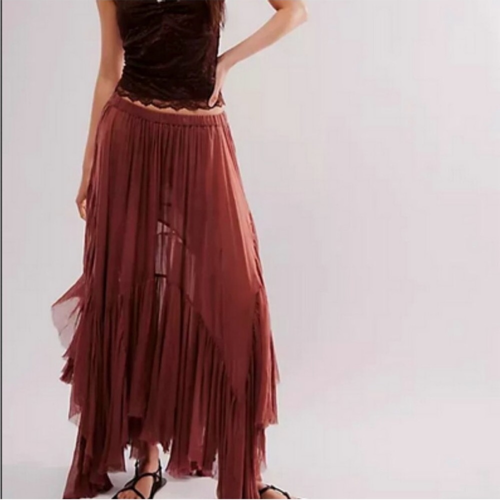 Free People Clover Asymmetrical Tiered Skirt- Brownie- M